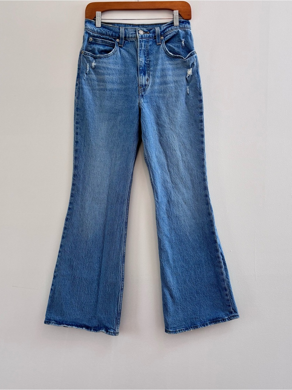 Levi's Premium 70s High Flare Jeans Light Wash Distressed Size 27 Retro Boho
